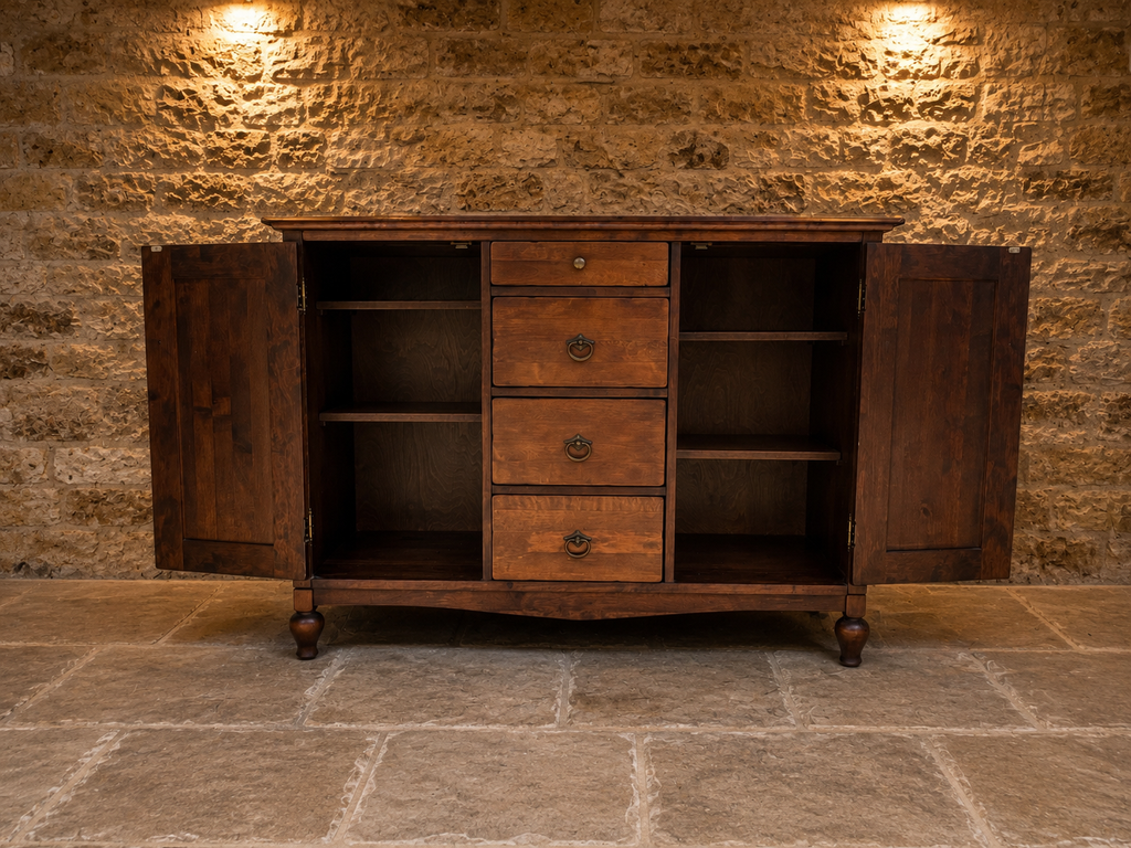 Vintage Rustic Hardwood Sideboard – Four Drawers & Double Cupboard Storage