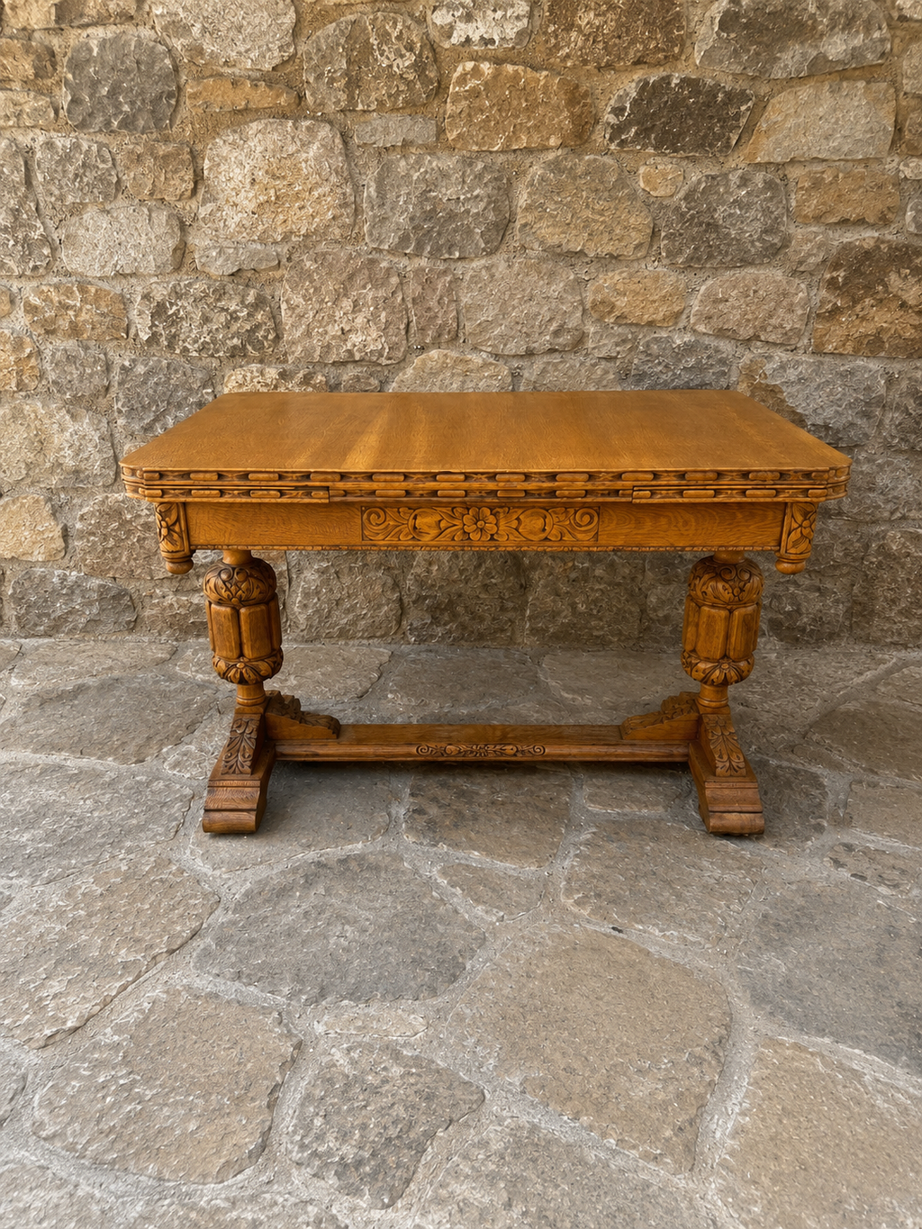 Large Antique Oak Draw Leaf Dining Table