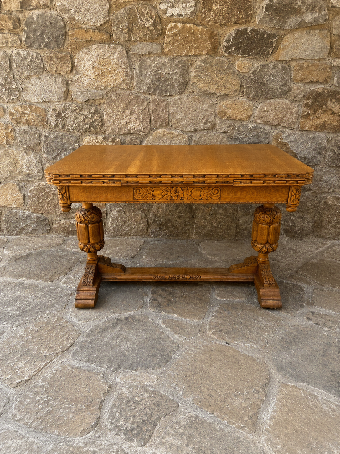 Large Antique Oak Draw Leaf Dining Table