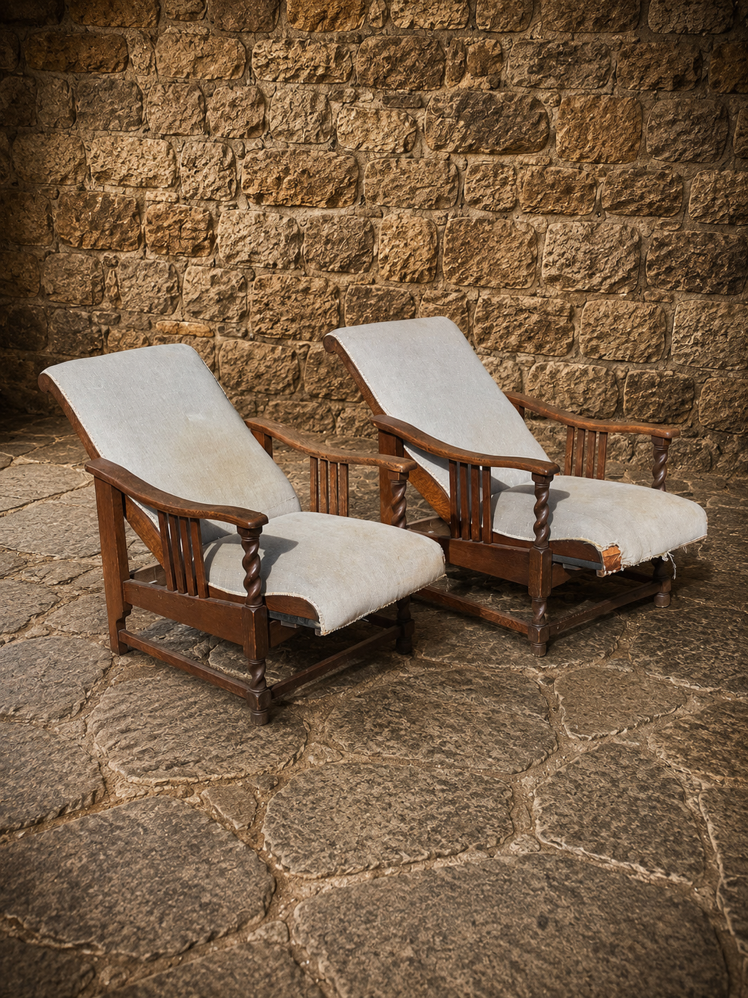 Vintage Arts & Crafts Oak Lounge Chairs Pair – 1920s Rustic Armchairs