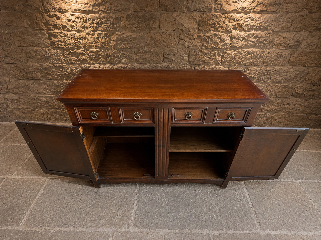Solid Oak Gothic Revival Sideboard | Vintage English Oak Buffet Cabinet | Rustic Farmhouse Storage Cabinet | Tudor Style Sideboard
