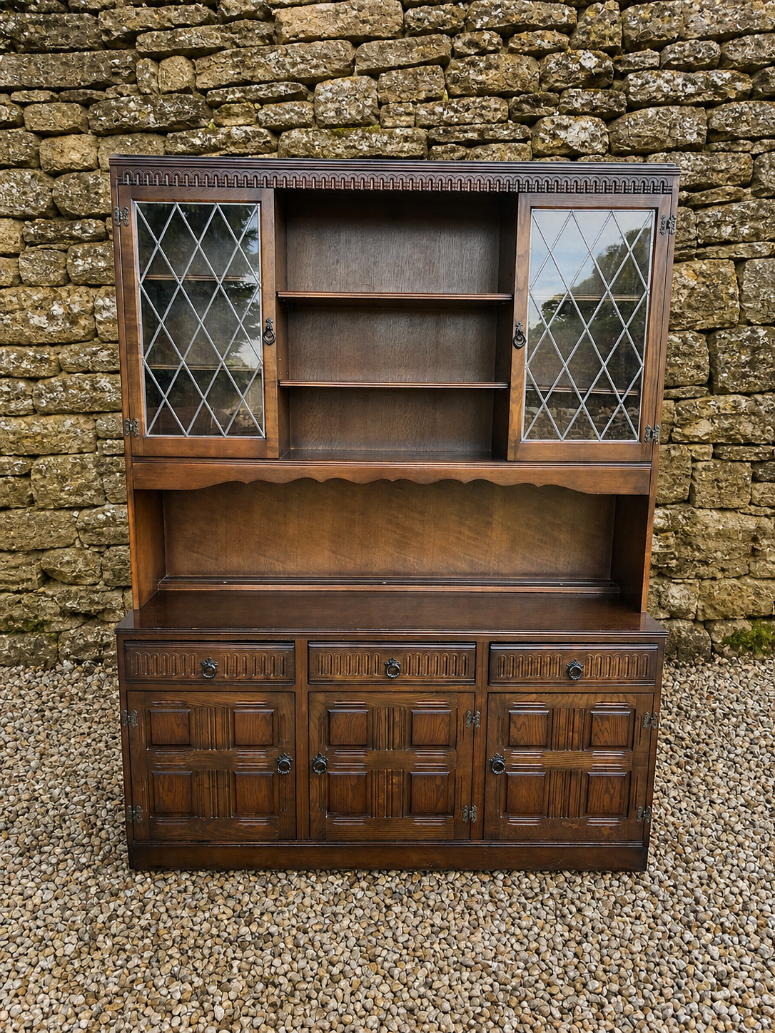 Large Vintage Oak Dresser Cabinet – Jacobean Revival Leaded Glass Display Sideboard (c.1930s–40s)