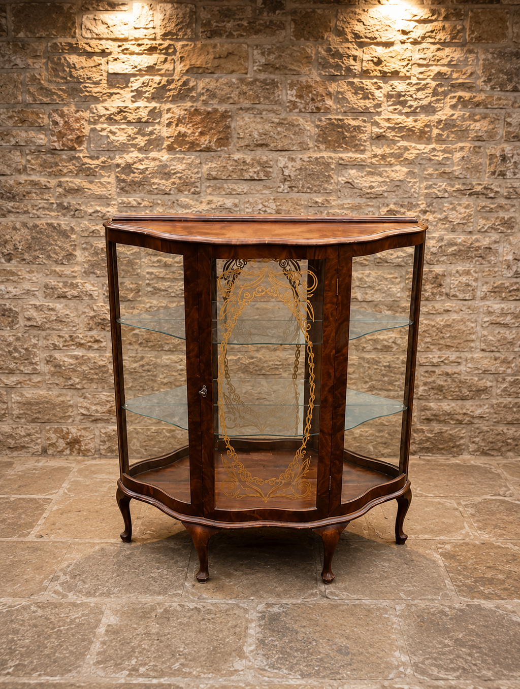 Edwardian Bow Front Walnut Display Cabinet | Antique Curved Glass Curio Cabinet | Circa 1905–1915