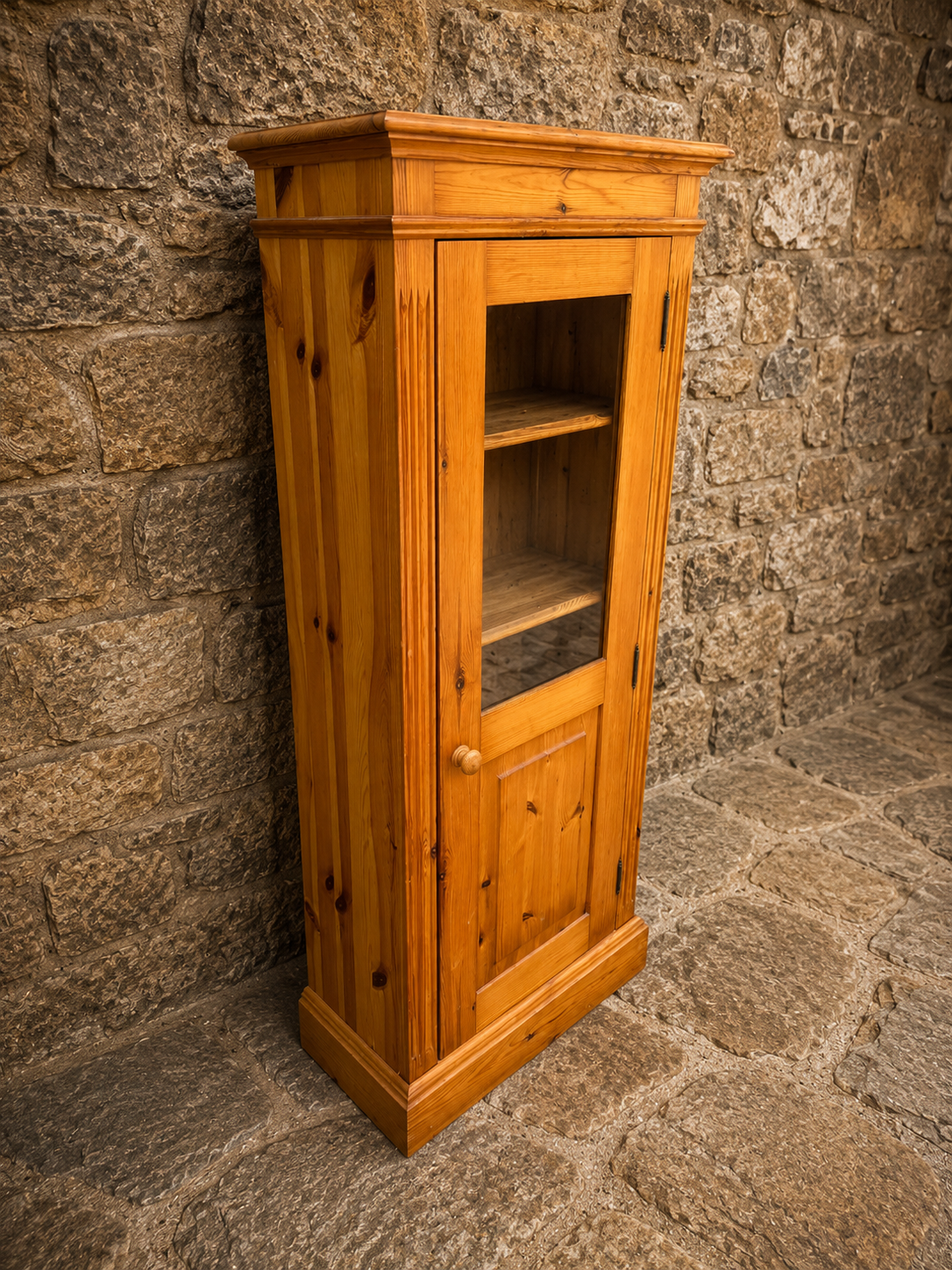 Vintage Pine Display Cabinet | Rustic Farmhouse Glazed Bookcase | Narrow Country Storage Cabinet | Cottage Pine Cupboard