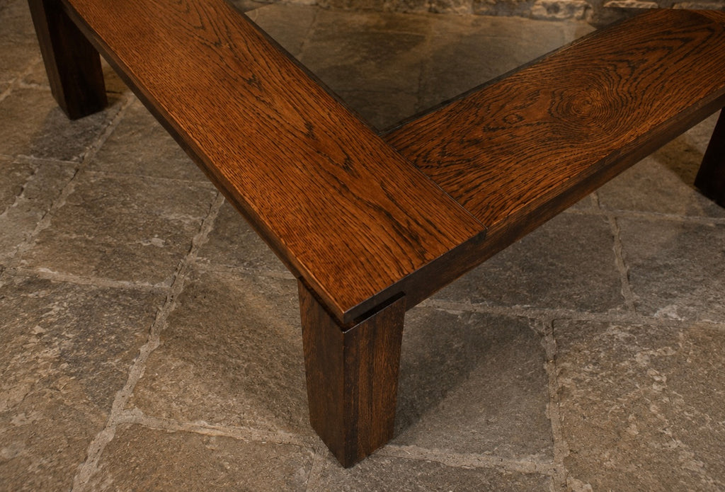 Vintage 1970s Brutalist Oak & Glass Coffee Table – Large 100cm Square