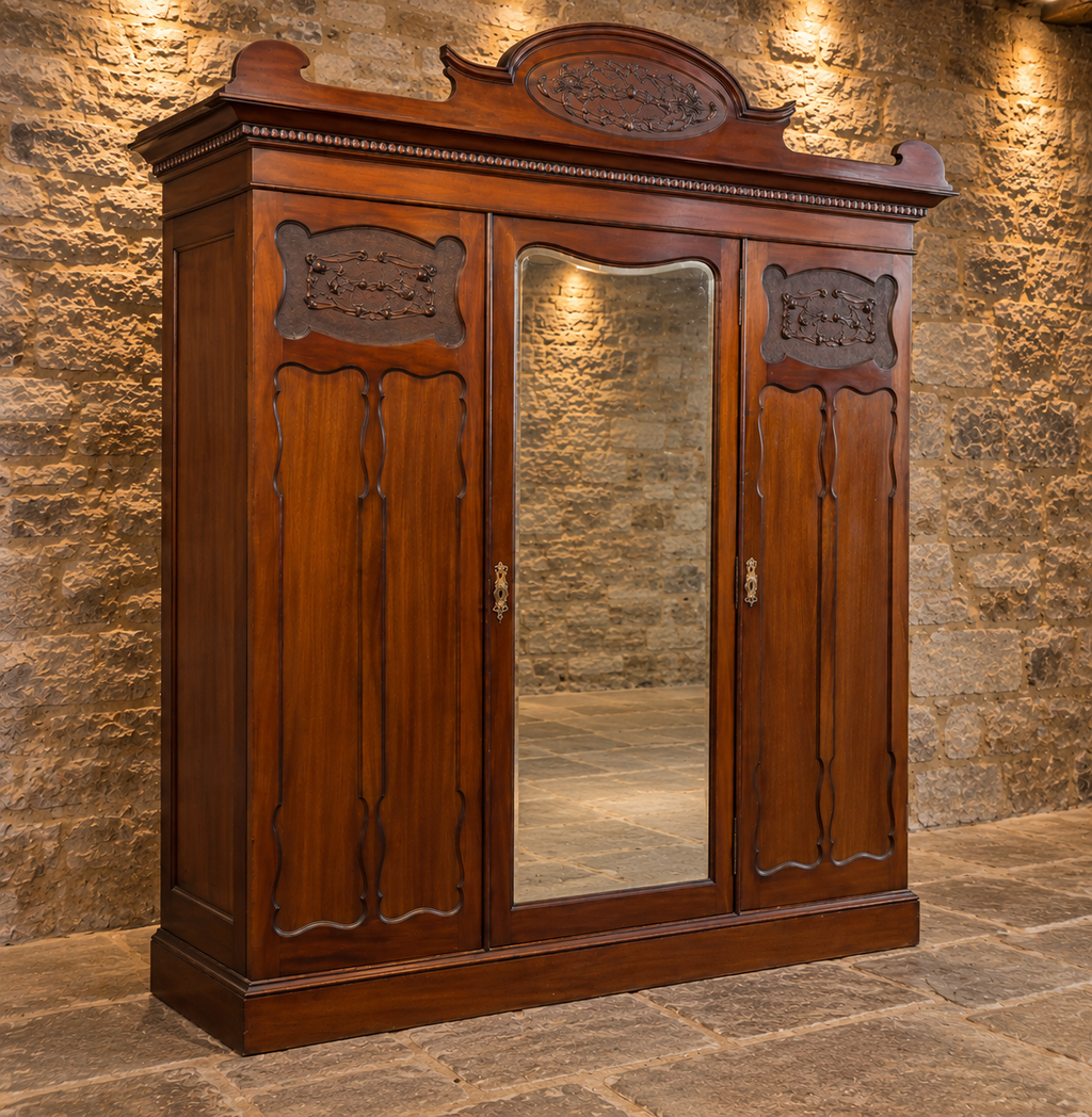 Antique Victorian Mahogany Triple Wardrobe with Mirror – Ornately Carved 3 Door Armoire