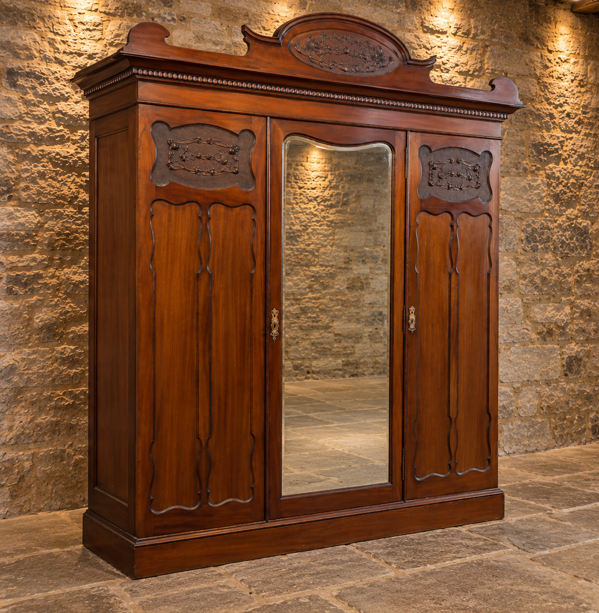 Antique Victorian Mahogany Triple Wardrobe with Mirror – Ornately Carved 3 Door Armoire