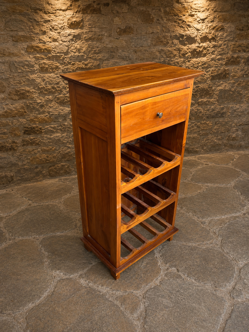 Vintage Wooden Wine Rack Cabinet – Freestanding Rustic Bottle Storage with Drawer