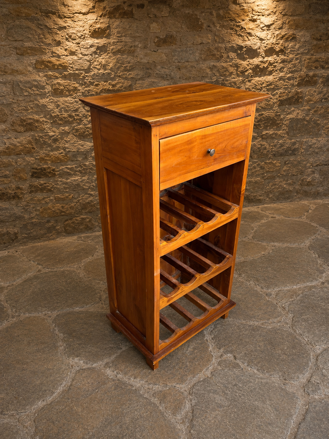 Vintage Wooden Wine Rack Cabinet – Freestanding Rustic Bottle Storage with Drawer