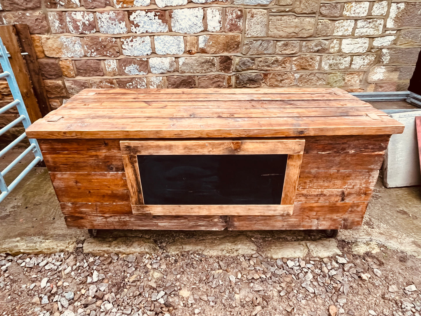 Handmade Reclaimed Wood Kitchen Island on Castors – Rustic Farmhouse Prep Table