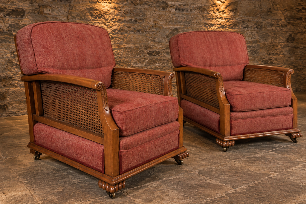 Pair of Antique 1930s Bergère Cane Library Armchairs