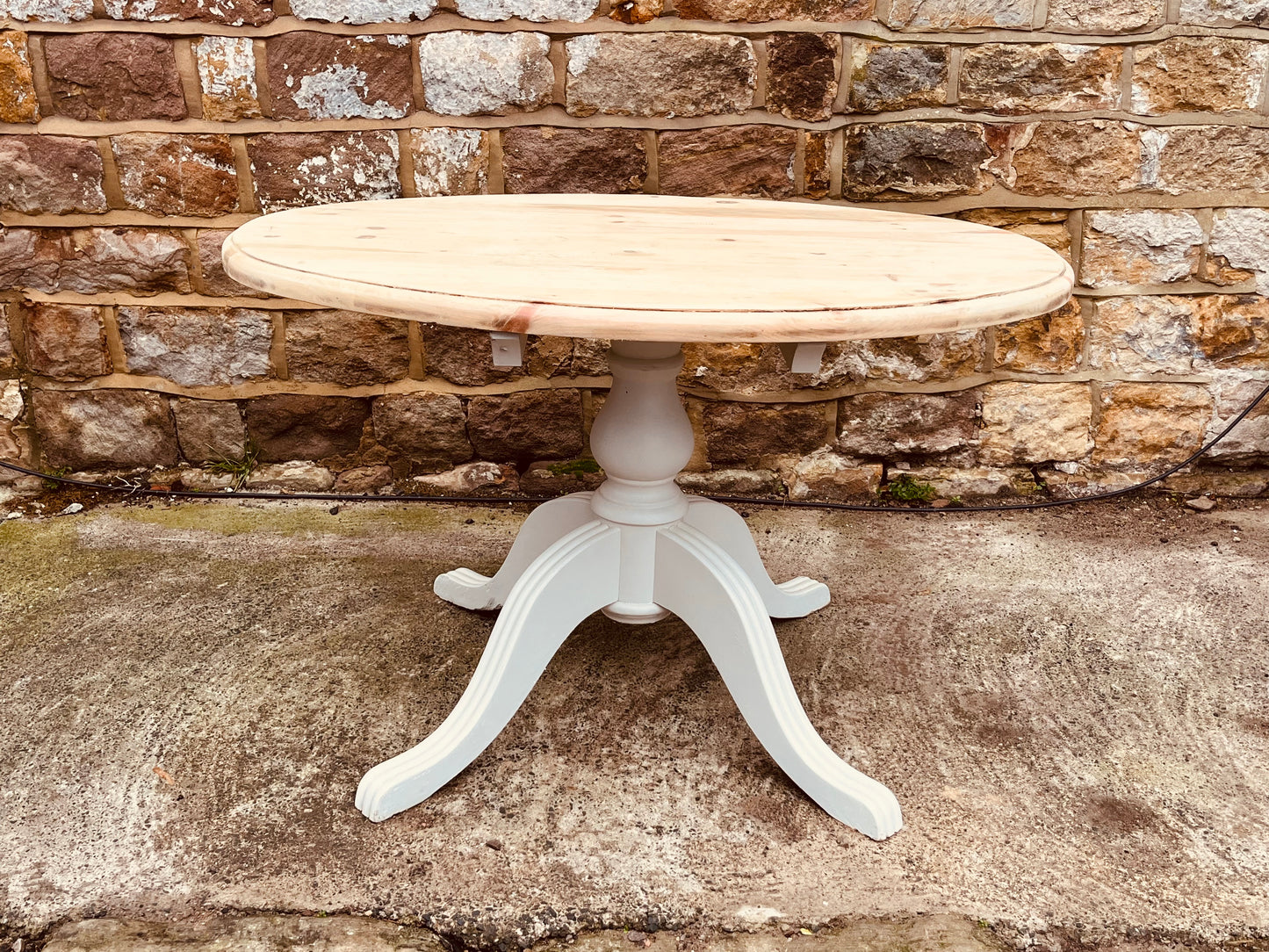 Mid-20th Century Round Solid Wood Pedestal Table | Hand-Painted Base & Natural Top