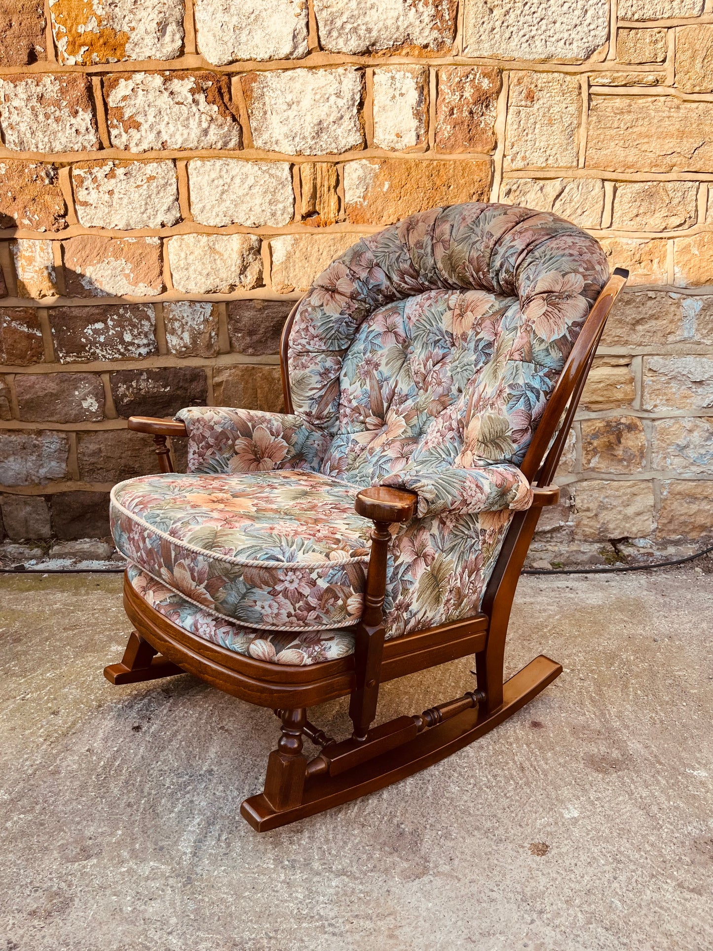 Vintage Upholstered Rocking Armchair – Floral Tapestry Wooden Rocker