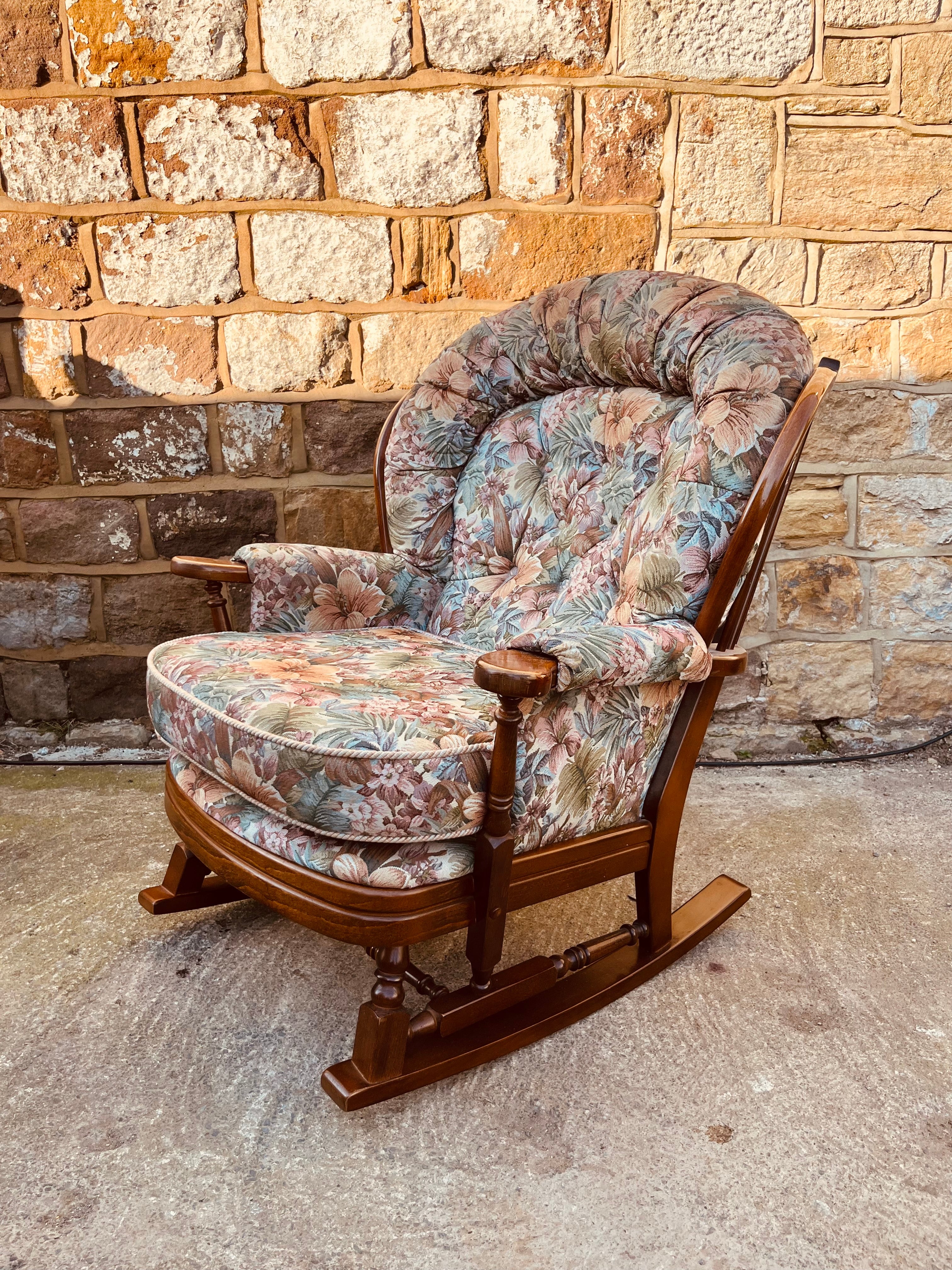 Vintage Upholstered Rocking Armchair – Floral Tapestry Wooden Rocker