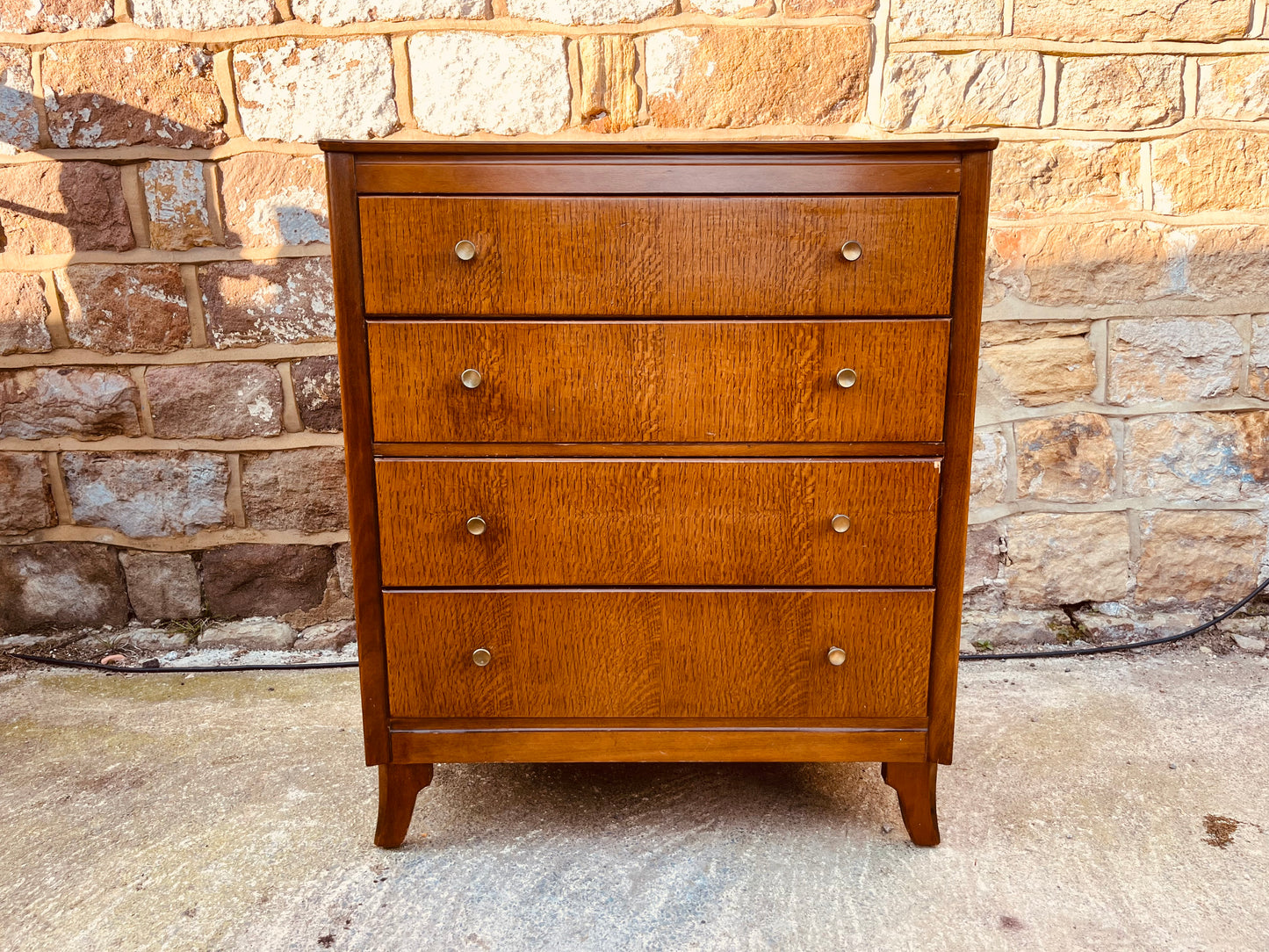 Mid Century Oak Chest of Drawers – Vintage 4 Drawer Dresser – Tiger Oak Veneer Bedroom Storage – 1960s British Furniture