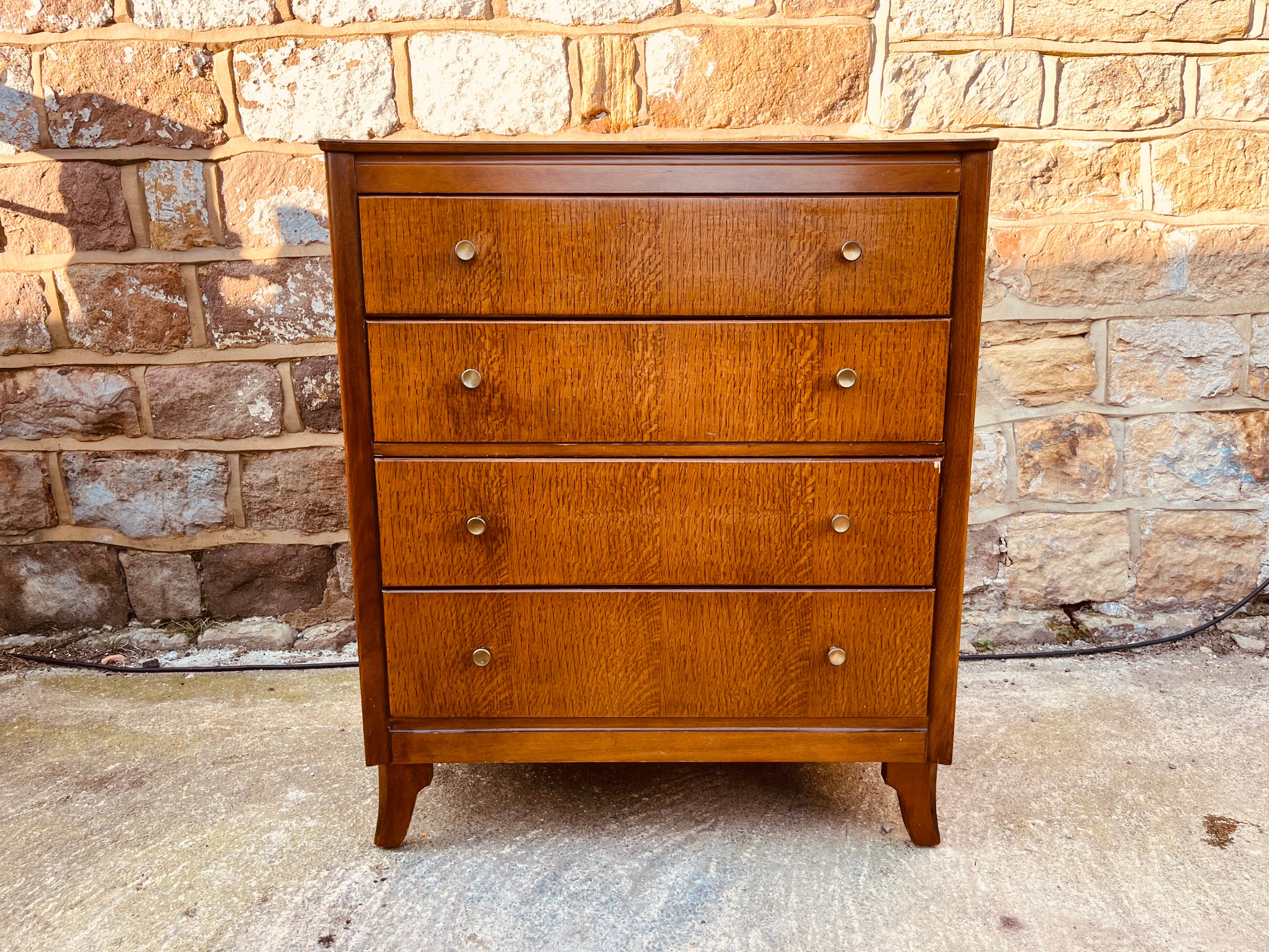Mid Century Oak Chest of Drawers – Vintage 4 Drawer Dresser – Tiger Oak Veneer Bedroom Storage – 1960s British Furniture