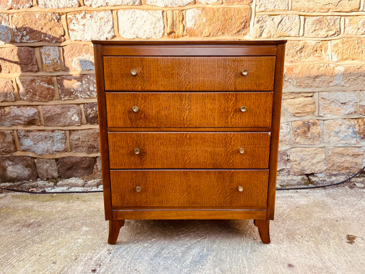 Mid Century Oak Chest of Drawers – Vintage 4 Drawer Dresser – Tiger Oak Veneer Bedroom Storage – 1960s British Furniture