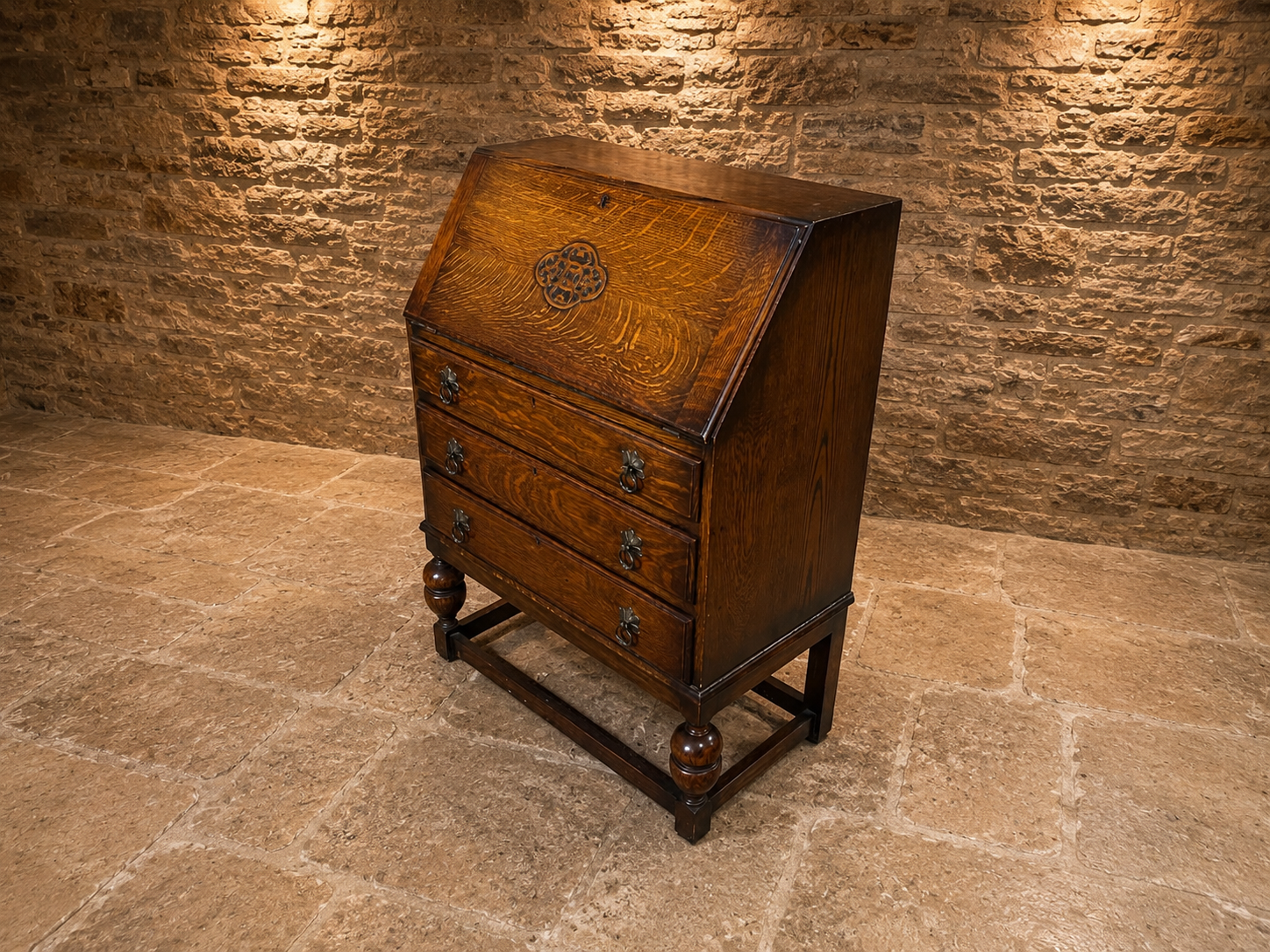Antique Jacobean Revival Oak Bureau Writing Desk with Fitted Interior c.1930