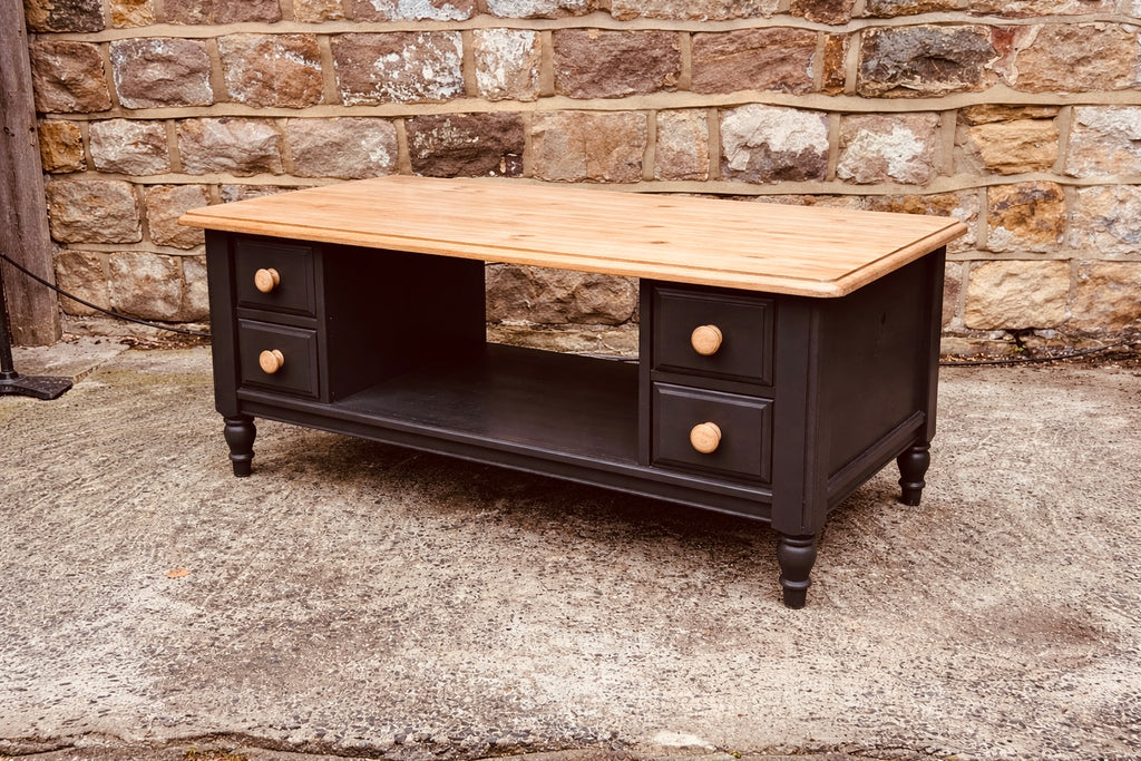 Double-Sided Solid Wood Coffee Table with 8 Drawers | Hand-Painted Deep Blue