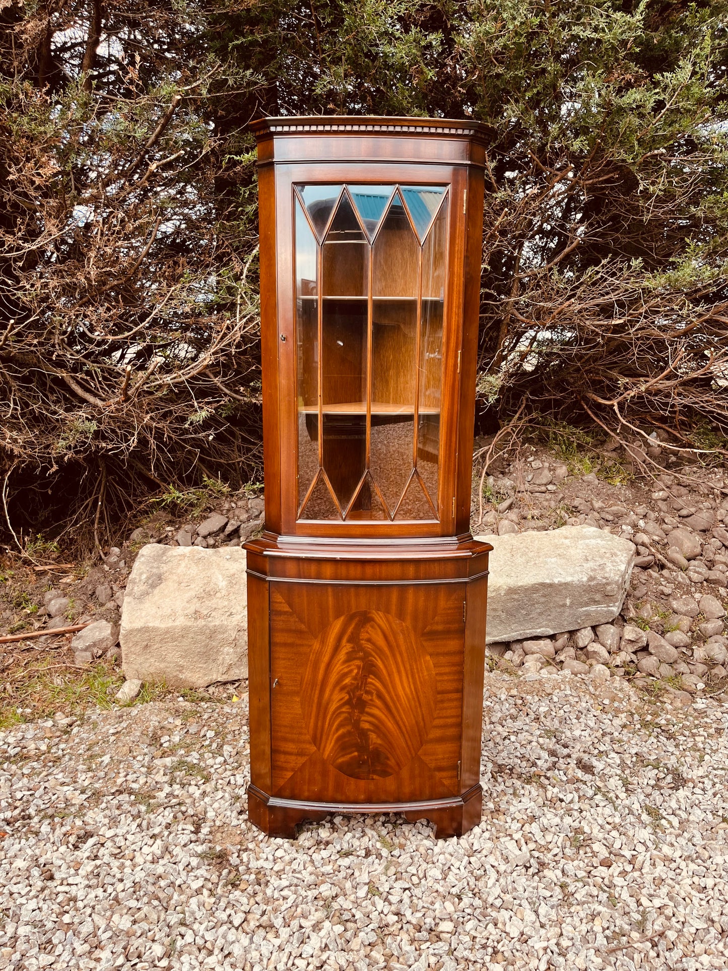 Antique Edwardian Mahogany Corner Display Cabinet with Leaded Glass