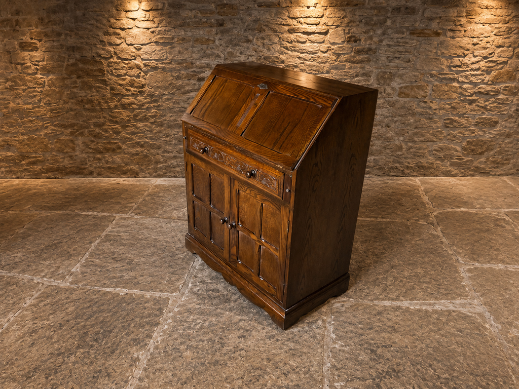 Vintage Solid Oak Jacobean Revival Bureau Cabinet with Drop Front Writing Desk