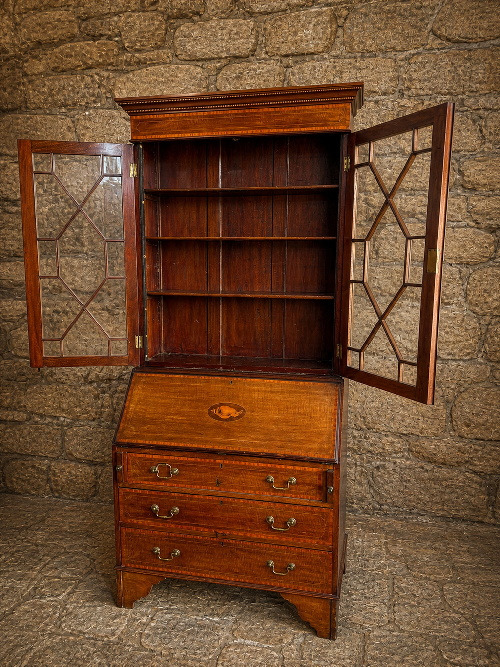 Georgian Revival Mahogany Bureau Bookcase with Glazed Top, Fall Front Writing Desk, Early 20th Century