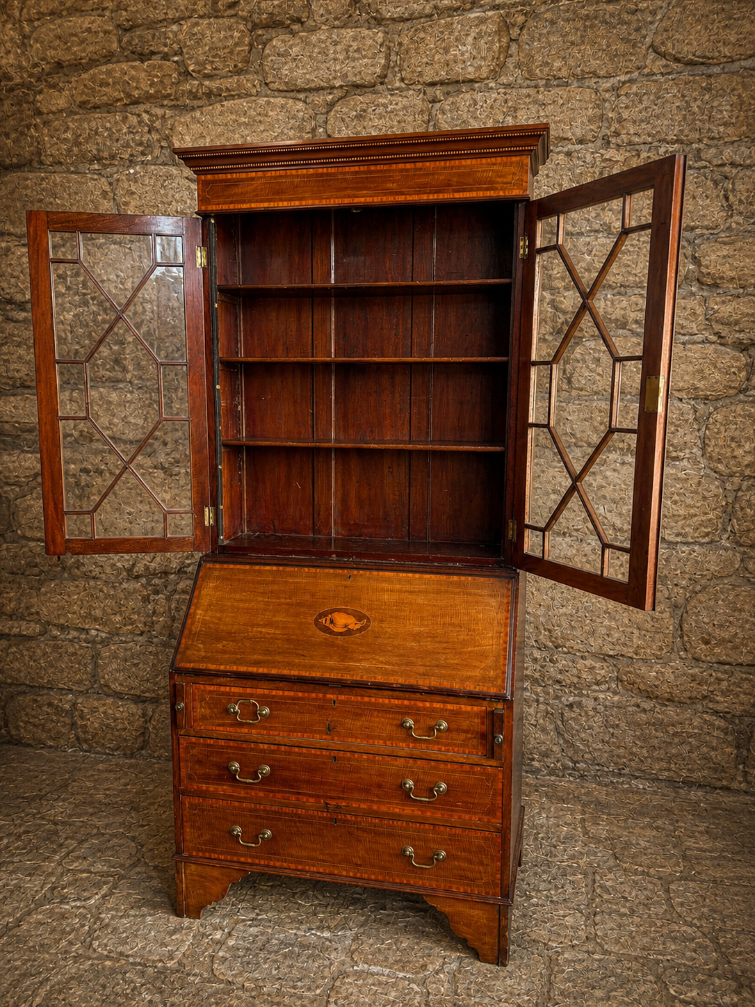 Georgian Revival Mahogany Bureau Bookcase with Glazed Top, Fall Front Writing Desk, Early 20th Century