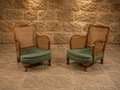 Pair of Vintage Art Deco Bergère Armchairs | Walnut & Cane Accent Chairs | Elegant Lounge Seating