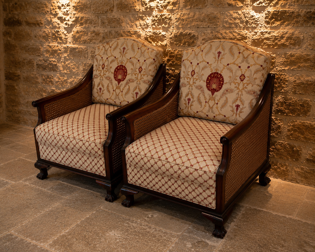 Pair of Edwardian Mahogany Bergère Armchairs | Antique Cane Lounge Chairs | English Upholstered Library Chairs | c.1905–1915