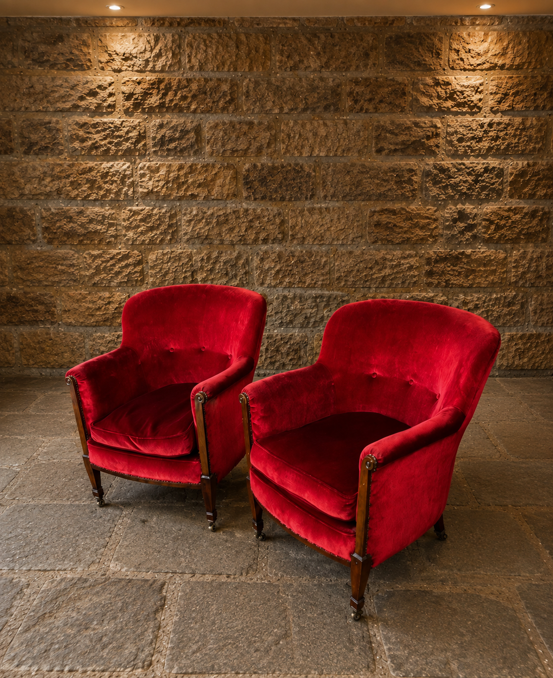 Pair of Antique Edwardian Red Velvet Armchairs – Circa 1910 – English Country House Chairs
