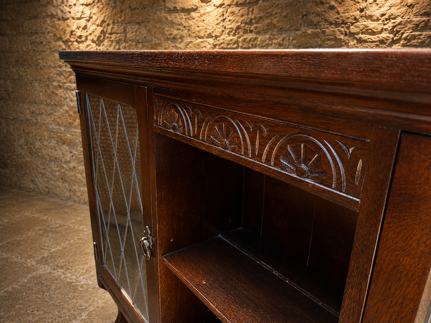 Jacobean Revival Oak Leaded Glass Sideboard | English Oak Drinks Cabinet | Country Farmhouse Display Cabinet