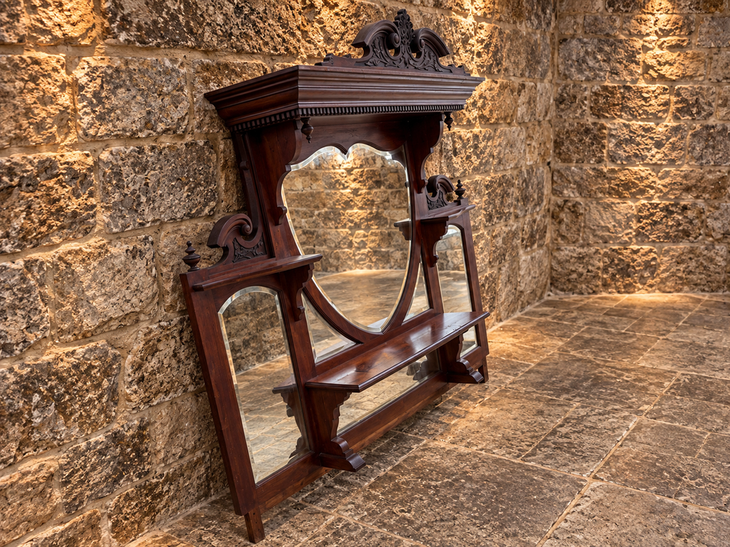 Antique Victorian Mahogany Overmantel Mirror c.1890 – Large Carved Bevelled Statement Mirror