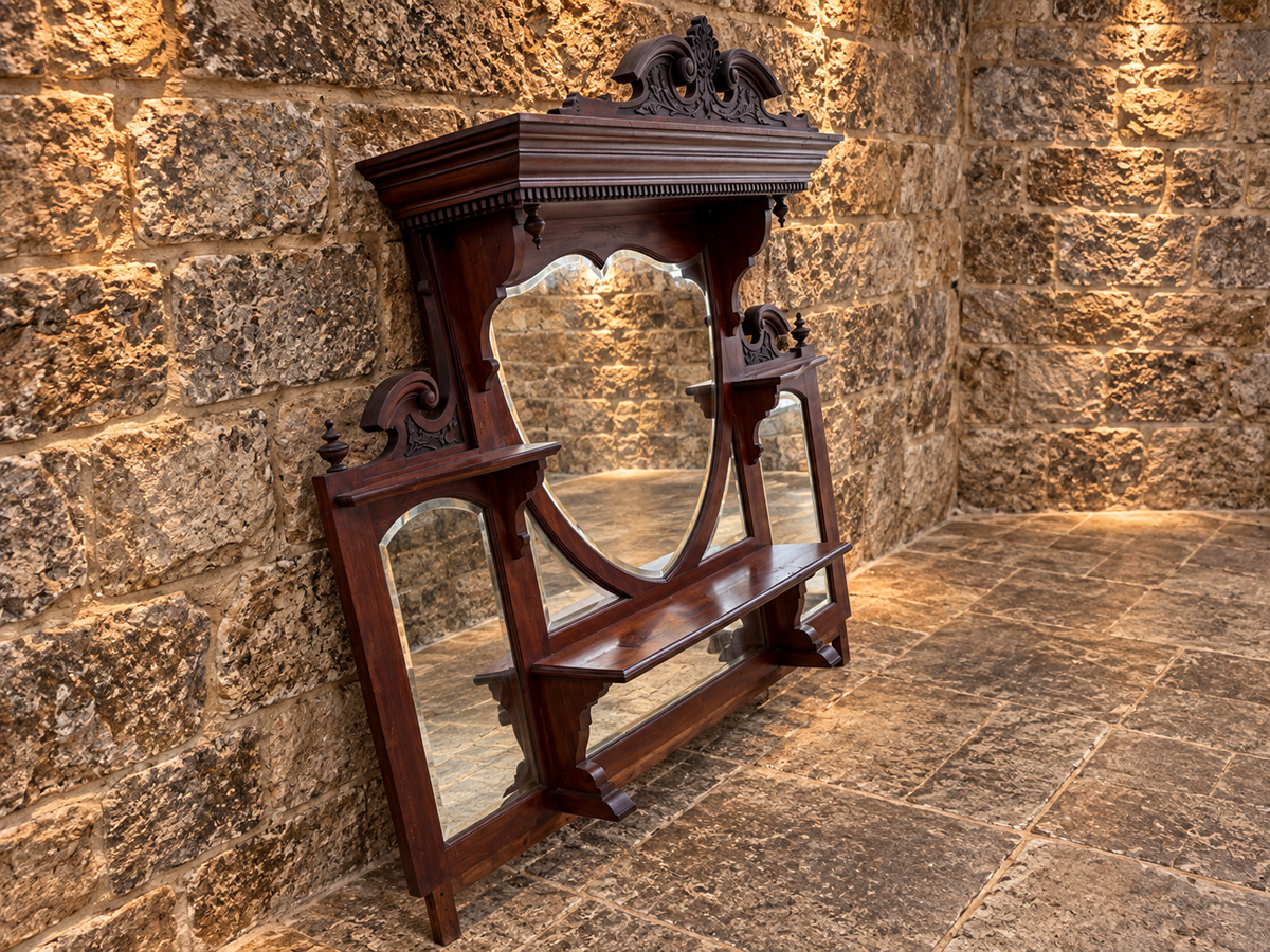 Antique Victorian Mahogany Overmantel Mirror c.1890 – Large Carved Bevelled Statement Mirror