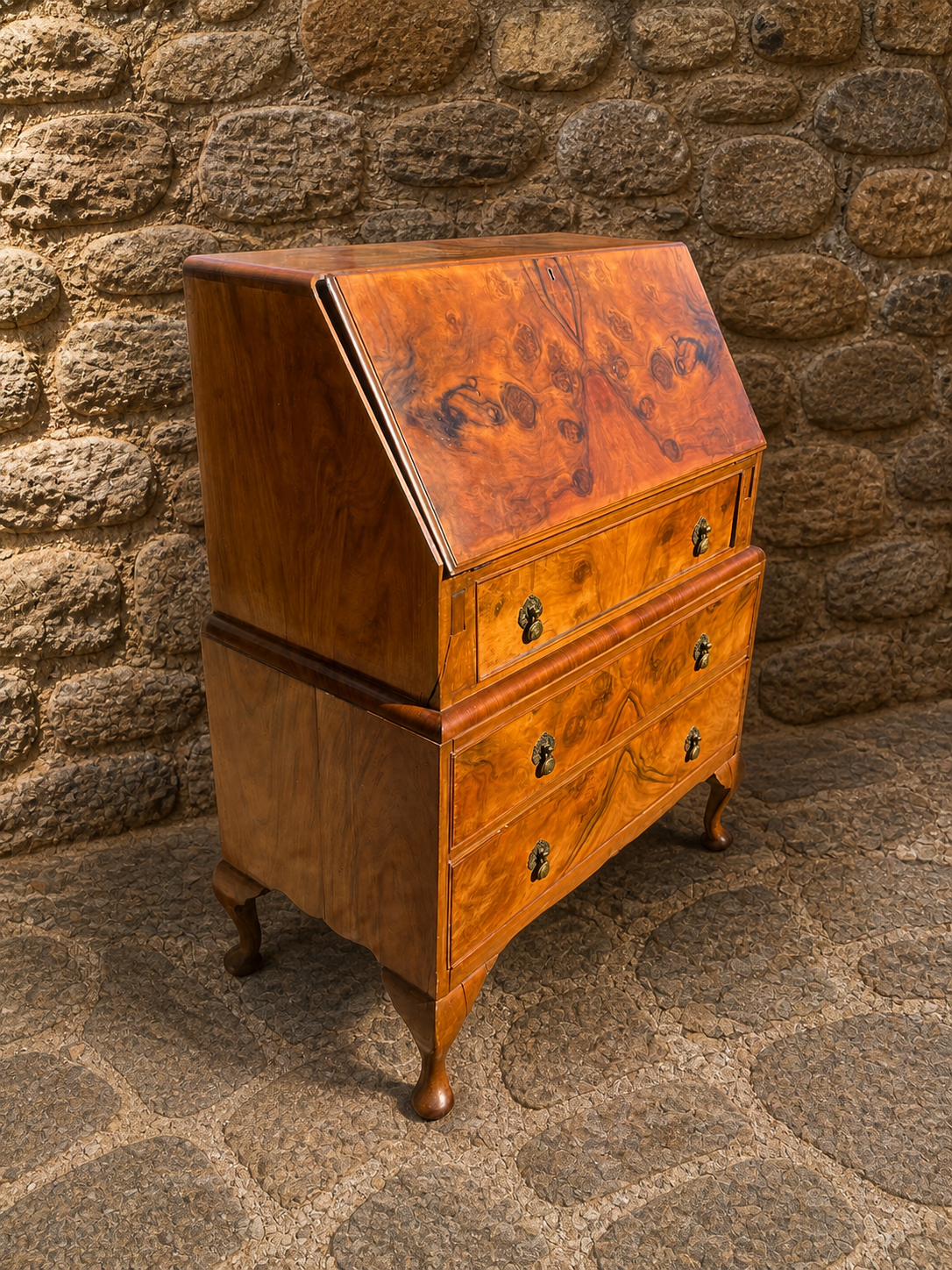 Burr Walnut Writing Bureau – Vintage Fall Front Desk