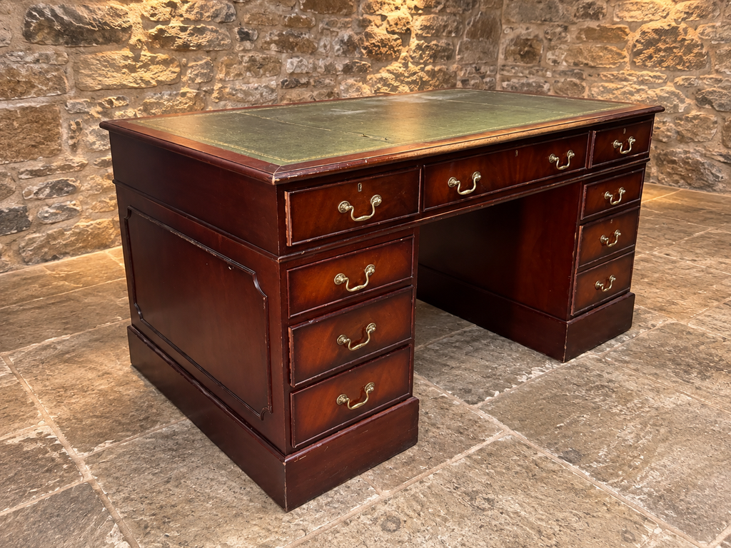 Antique Mahogany Twin Pedestal Writing Desk with Green Leather Top | Victorian Edwardian