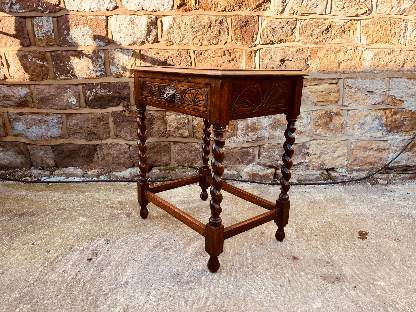 Antique Oak Barley Twist Side Table – Carved Drawer – Jacobean Revival Circa 1920s