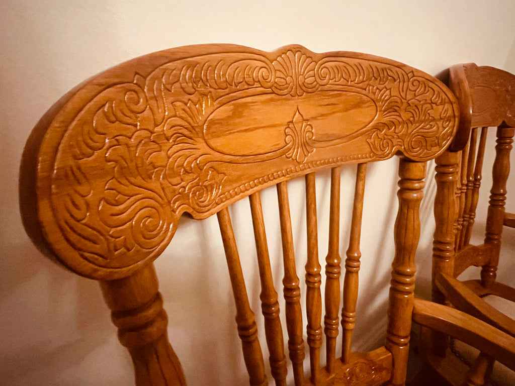 Pair of Solid Wood Farmhouse Carver Chairs with Upholstered Seats – Vintage Country Kitchen Style