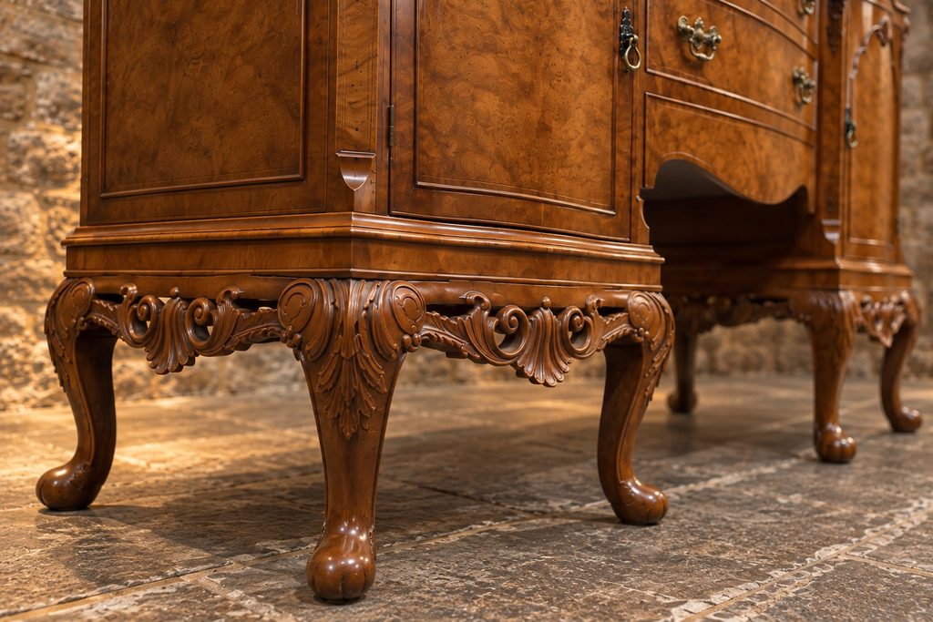 Vintage Queen Anne Style Burr Walnut Sideboard – Ornate Carved Cabriole Leg Buffet Cabinet