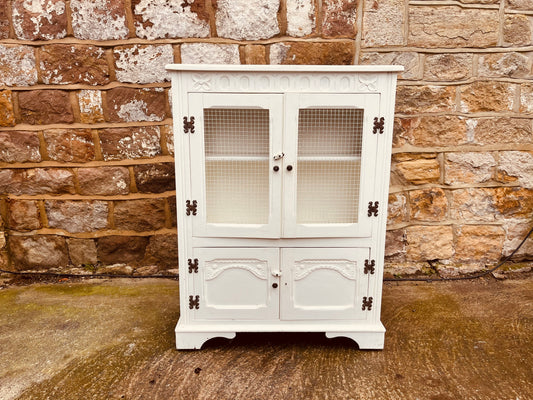 Vintage Farmhouse Kitchen Cupboard with Wire Mesh Doors