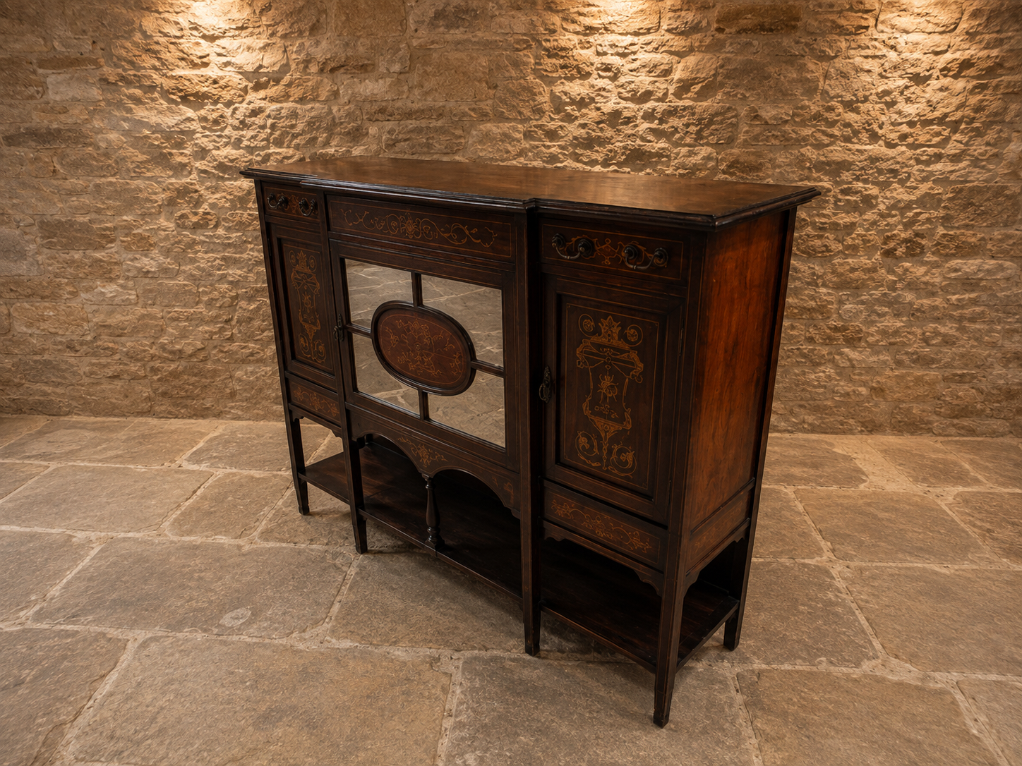 Antique Edwardian Inlaid Mahogany Sideboard c.1900–1915 | Marquetry Drinks Cabinet with Mirrored Doors
