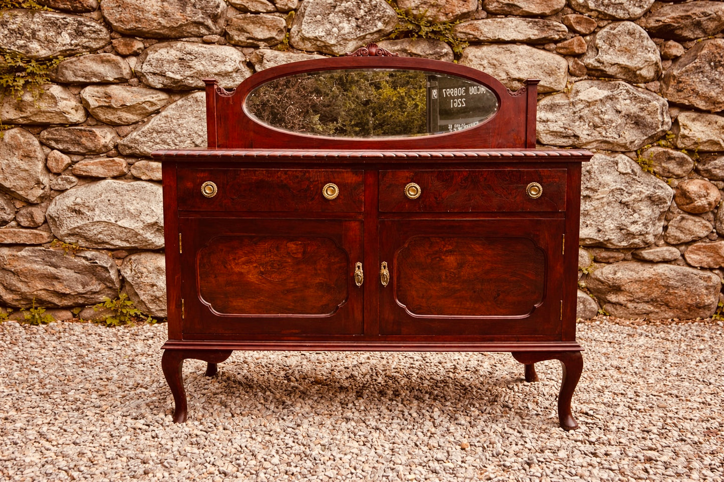 1920s Serpentine Walnut Sideboard with Mirror Back – Queen Anne Style Cabinet