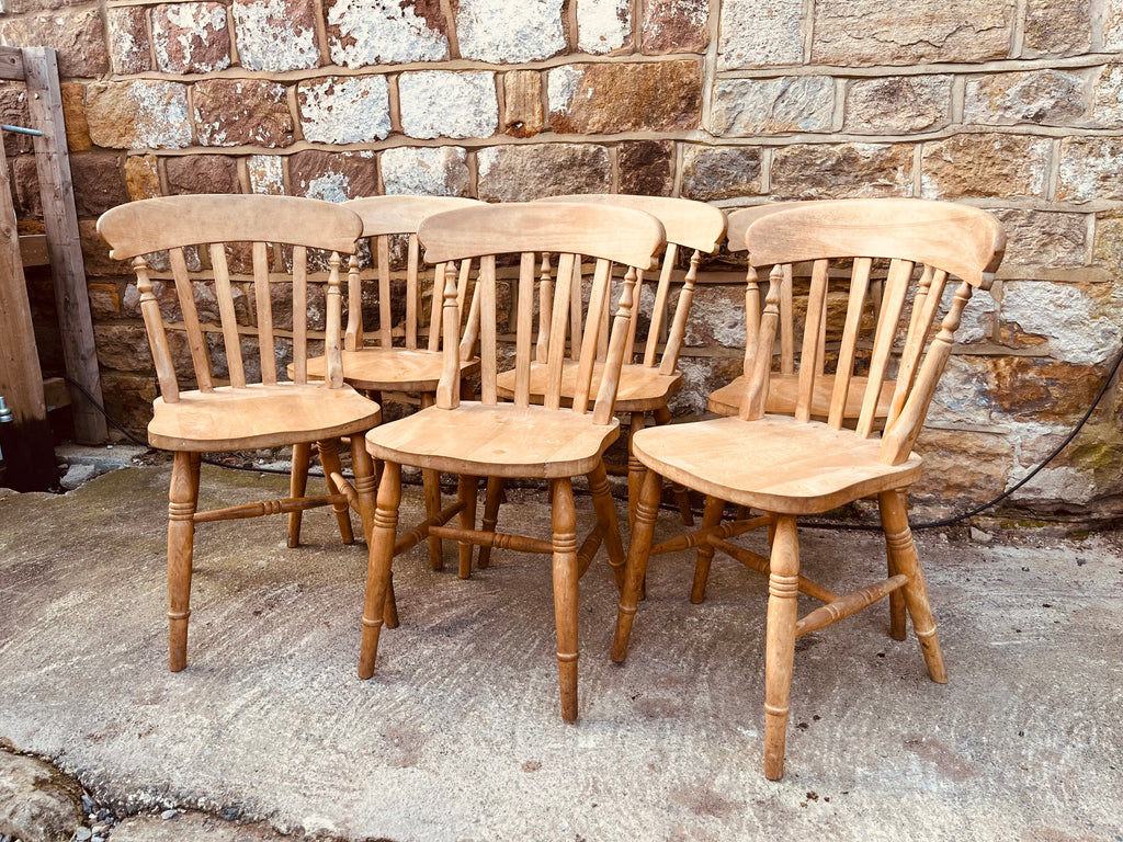 Set of Six Vintage Farmhouse Windsor Dining Chairs – Rustic Solid Wood Kitchen Chairs