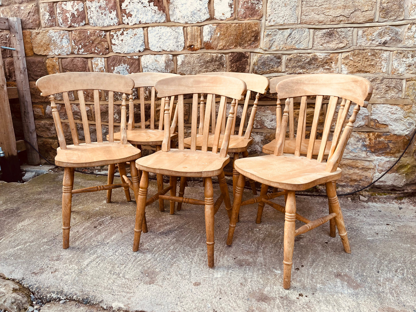 Set of Six Vintage Farmhouse Windsor Dining Chairs – Rustic Solid Wood Kitchen Chairs