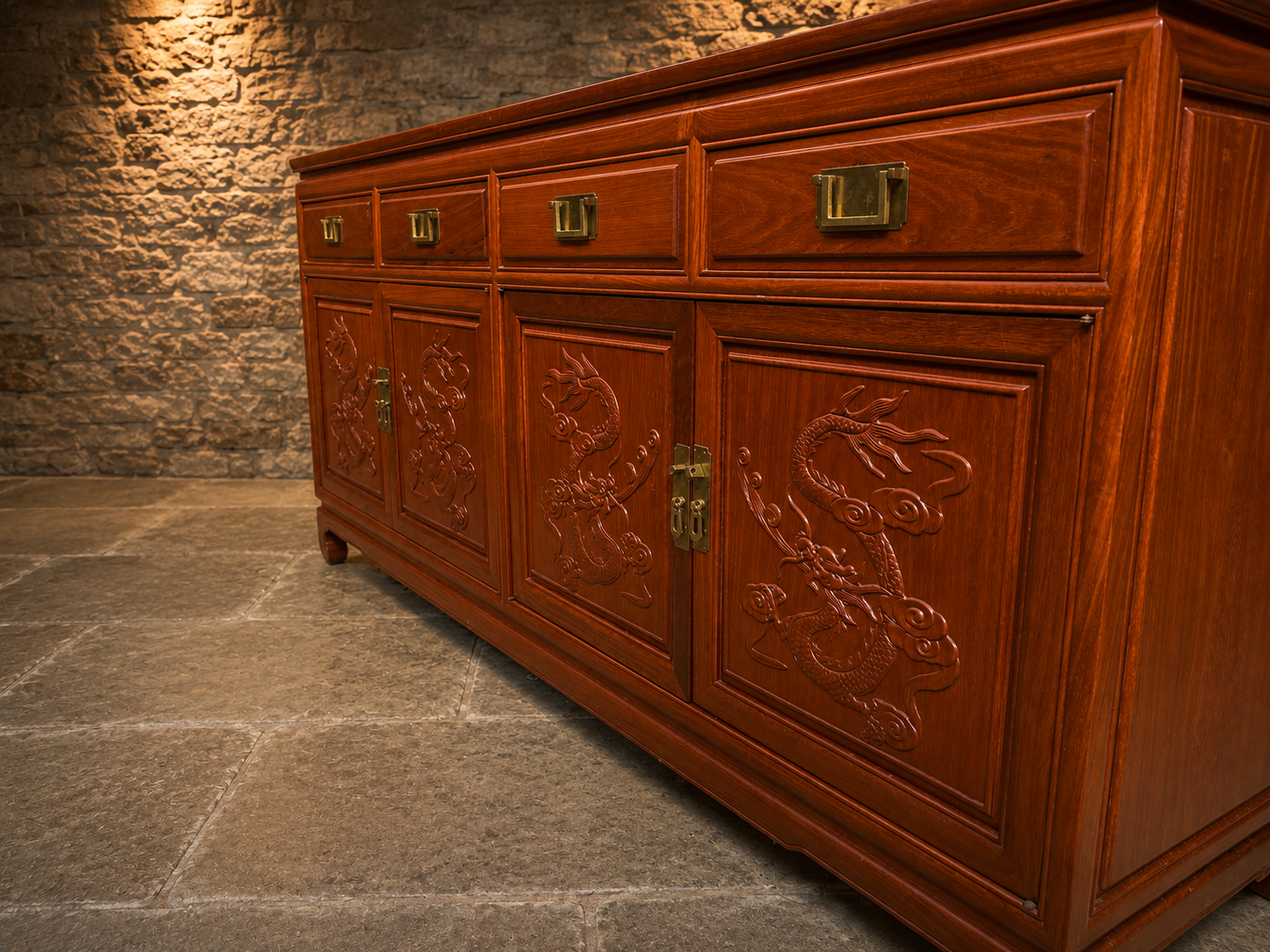 Vintage Chinese Carved Dragon Hardwood Sideboard – Four Door Oriental Cabinet