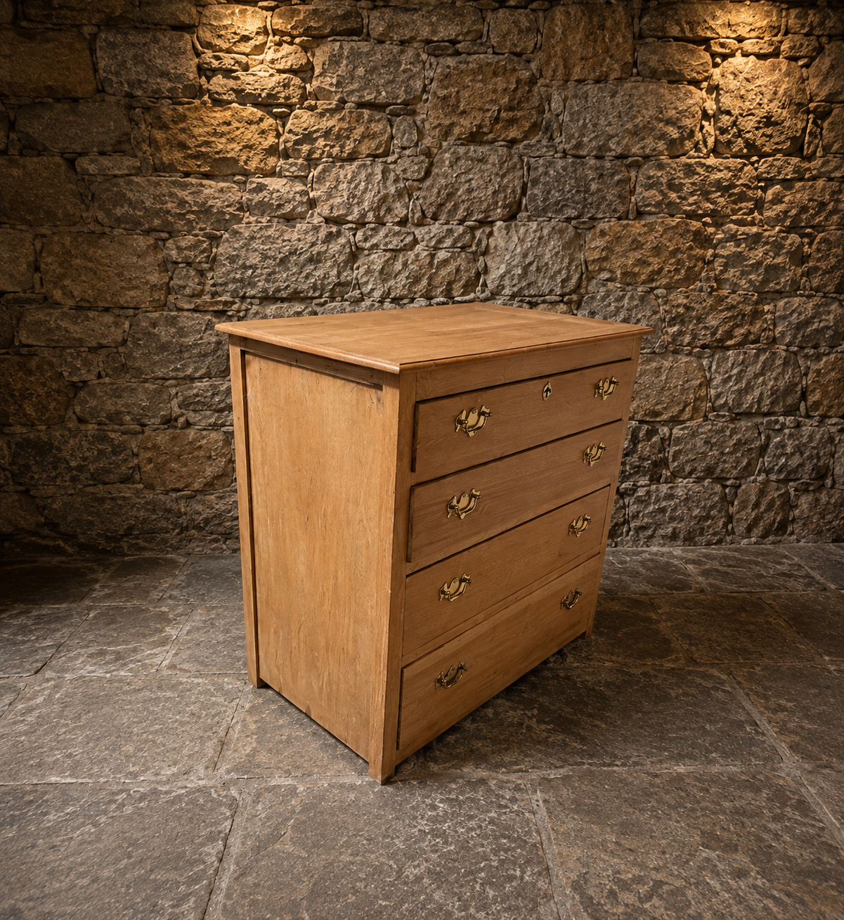 Vintage Natural Oak Four Drawer Chest – Georgian Style Brass Handle Chest of Drawers