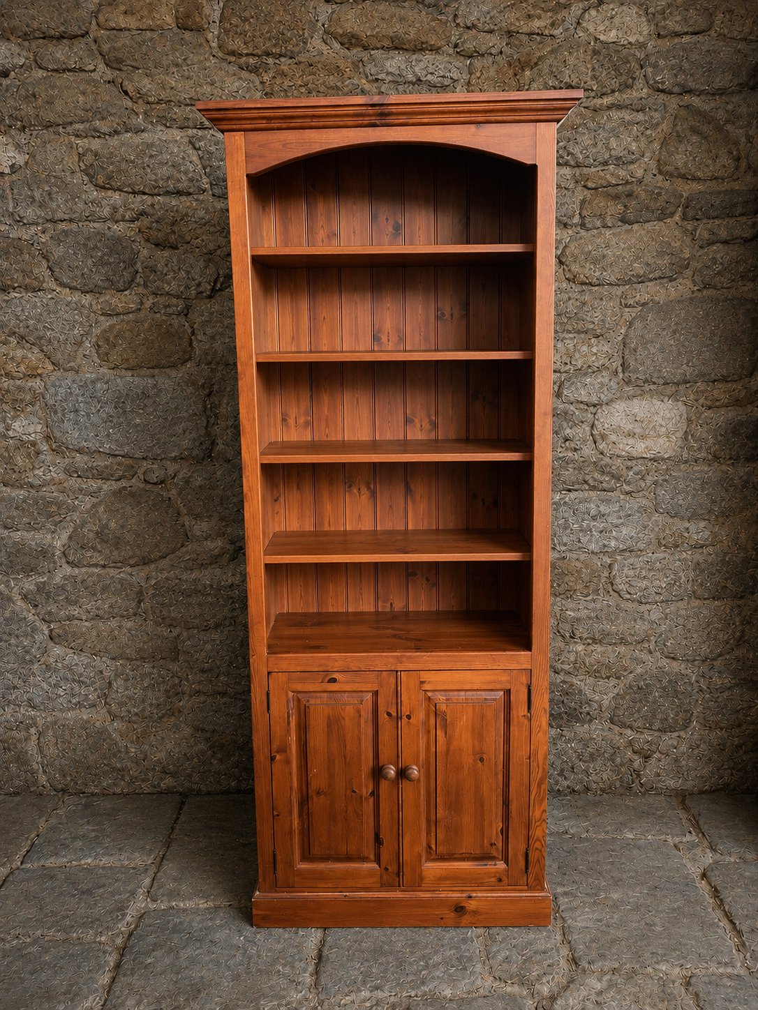 Rustic Solid Pine Bookcase Cabinet with Cupboard Storage