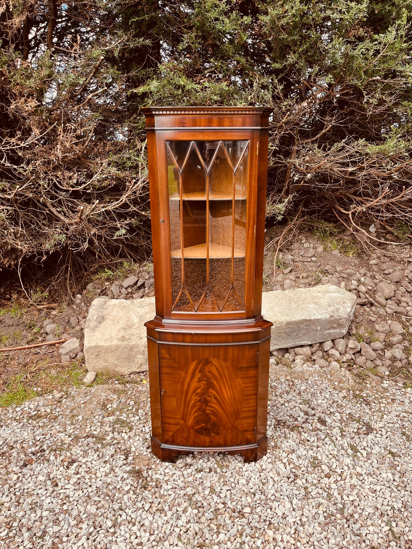 Antique Edwardian Mahogany Corner Display Cabinet with Leaded Glass