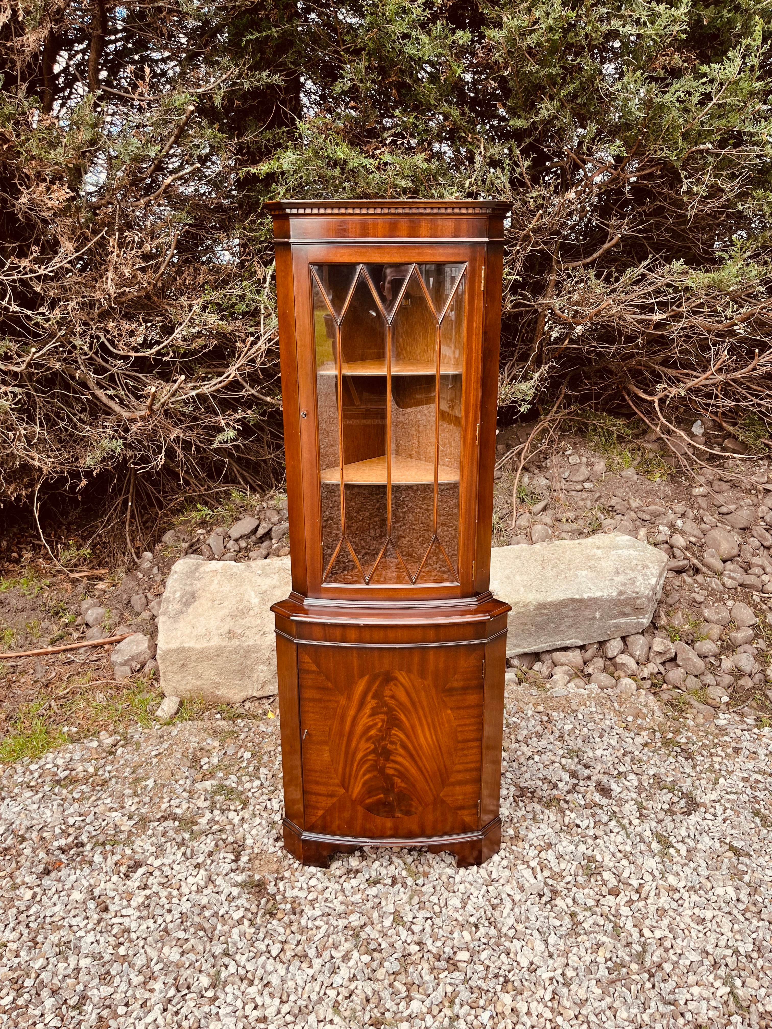 Antique Edwardian Mahogany Corner Display Cabinet with Leaded Glass