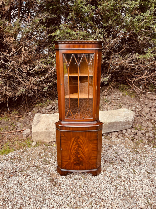 Antique Edwardian Mahogany Corner Display Cabinet with Leaded Glass