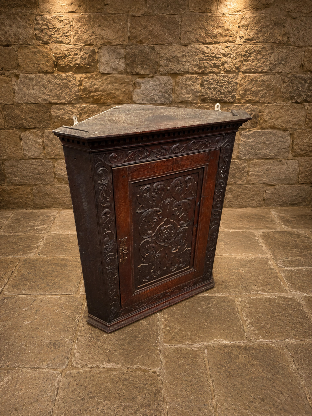 Antique Victorian Carved Solid Oak Corner Cupboard | Gothic Revival Cabinet | Circa 1890